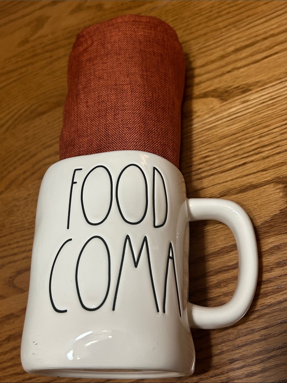 Rae Dunn Ceramic 'Food Coma' Mug with Orange Interior and 4 Placemats All new.